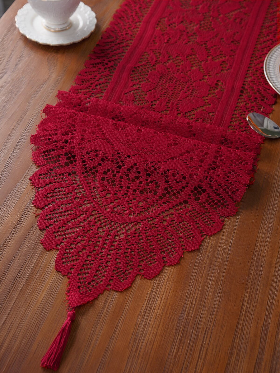1pc Floral Table Runner, Vintage Style Polyester Square With Lace & Embroidery Mesh Cover For Home Decor Such As Dining Table, Tv Cabinet, Coffee Table