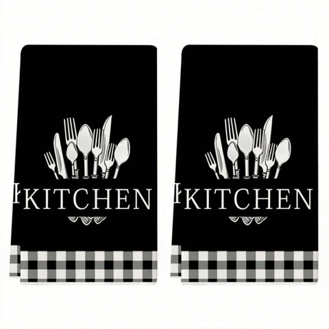 2/4pcs, Spoon & Fork Pattern Kitchen Towels, Soft & Absorbent, Reusable, Suitable For Home Kitchen Cleaning, Housewarming Home Decor Gift, Kitchen Accessories.