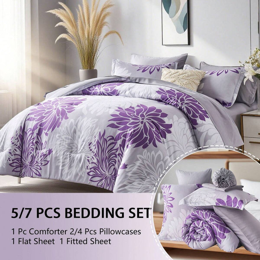 7 Pieces Chic Floral Printed Bed Comforter Sets, Queen King, Soft And Comfortable Summer Bedding Sets, Bed In A Bag, Hotel Bedroom Room Decoration, 1 Comforter 2/4 Pillowcases, 1 Flat Sheet And 1 Fitted Sheet, Perfect Gift For All Four Seasons