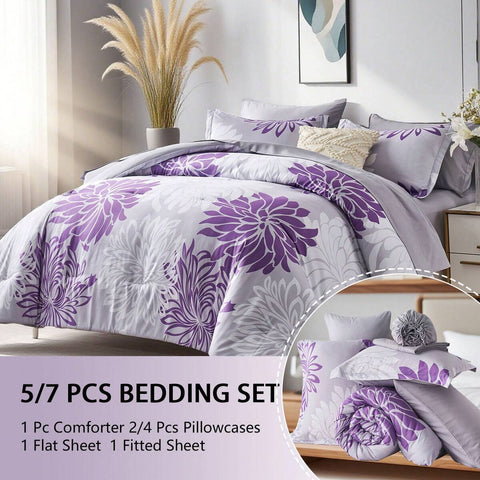 7 Pieces Chic Floral Printed Bed Comforter Sets, Queen King, Soft And Comfortable Summer Bedding Sets, Bed In A Bag, Hotel Bedroom Room Decoration, 1 Comforter 2/4 Pillowcases, 1 Flat Sheet And 1 Fitted Sheet, Perfect Gift For All Four Seasons