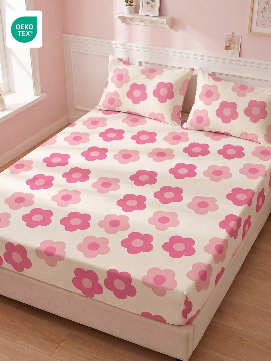 1pc Pink Floral Fitted Sheet, Bedding, Mattress Protector, Bed Cover, Home Textile, Breathable Anti-Pilling, Home Decor, Suitable For All Bed Sizes - Twin, Full, Queen, King, Dust-Proof Fitted Sheet, Excluding Pillow And Pillowcase, OEKO-TEX