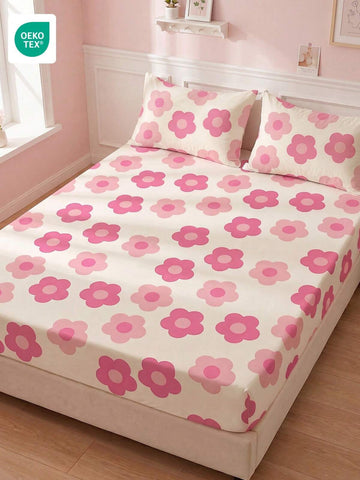 1pc Pink Floral Fitted Sheet, Bedding, Mattress Protector, Bed Cover, Home Textile, Breathable Anti-Pilling, Home Decor, Suitable For All Bed Sizes - Twin, Full, Queen, King, Dust-Proof Fitted Sheet, Excluding Pillow And Pillowcase, OEKO-TEX