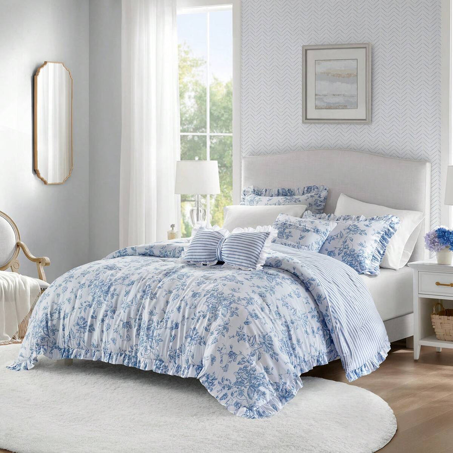 Madison Park 4/5 Pieces Adele Fluffy Summer Vacation Comforter Set – Vintage Bed In A Bag With Sheets, Reversible Ruffle Bedding, Cozy Home Textile, Elegant Christmas Thanks Giving Gifts
